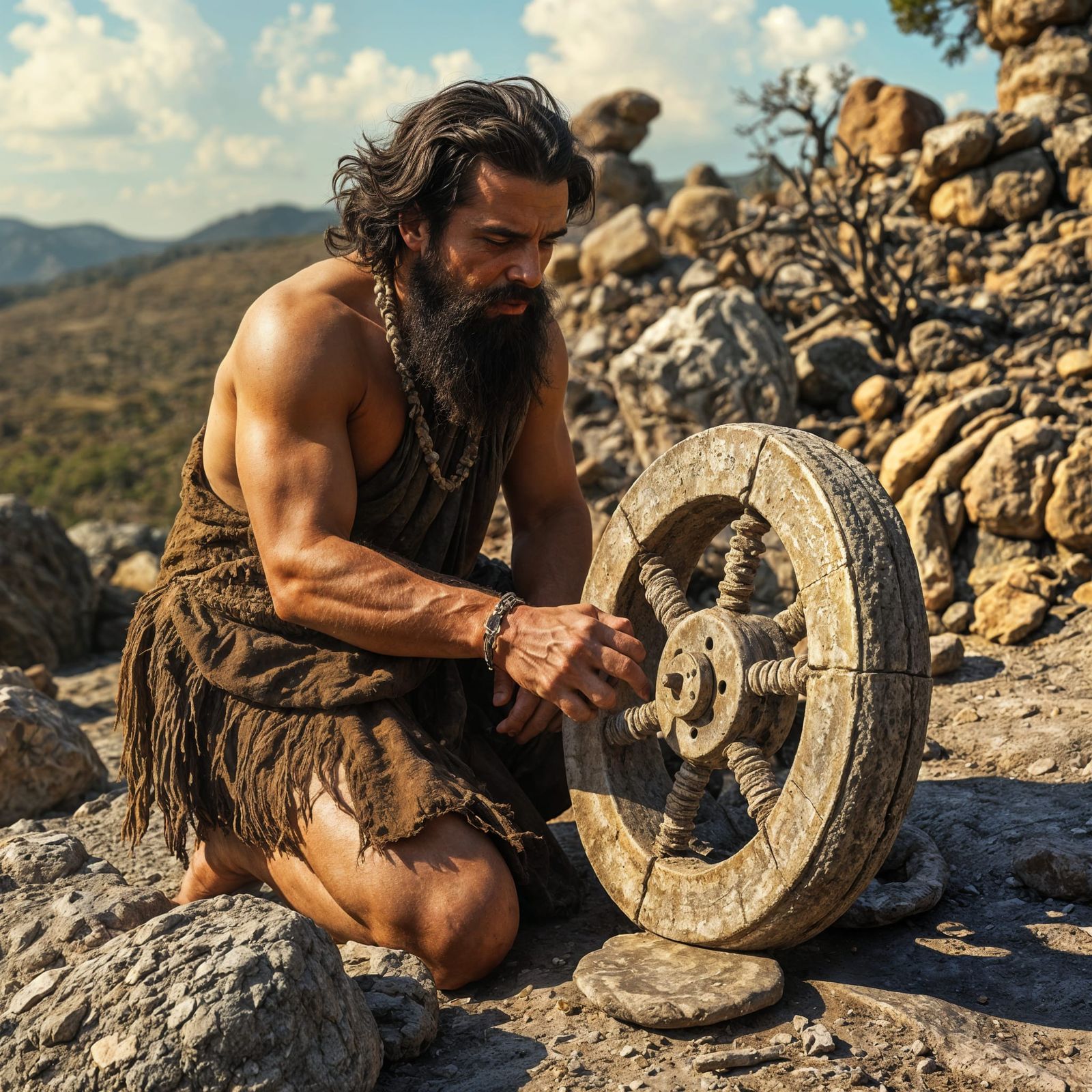 Ancient Inventor Crafts Primitive Wheel in Realistic Style