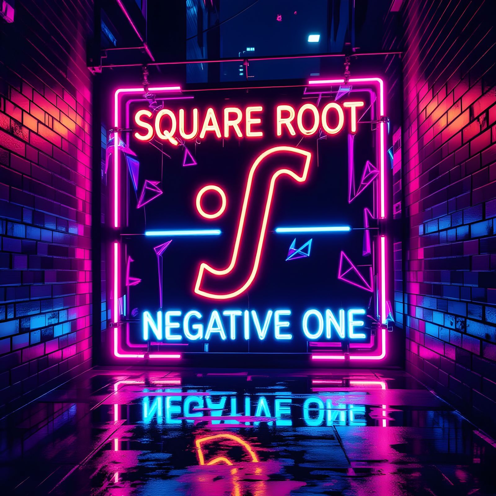 Neon Square Root of Negative One Sign in Dark Alley