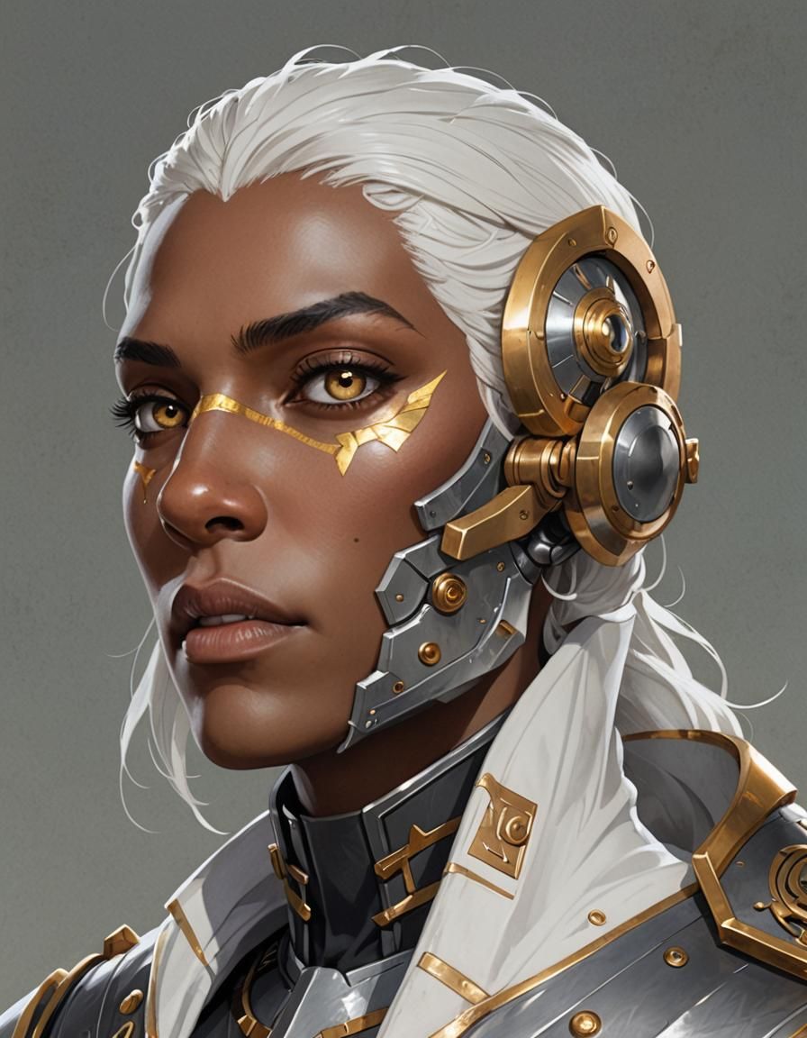 Stylized Warforged Hero, Dark Fantasy Portrait, Gold Accents...