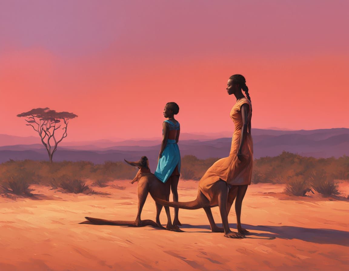 African Women and Kangaroo in Abstract Landscape