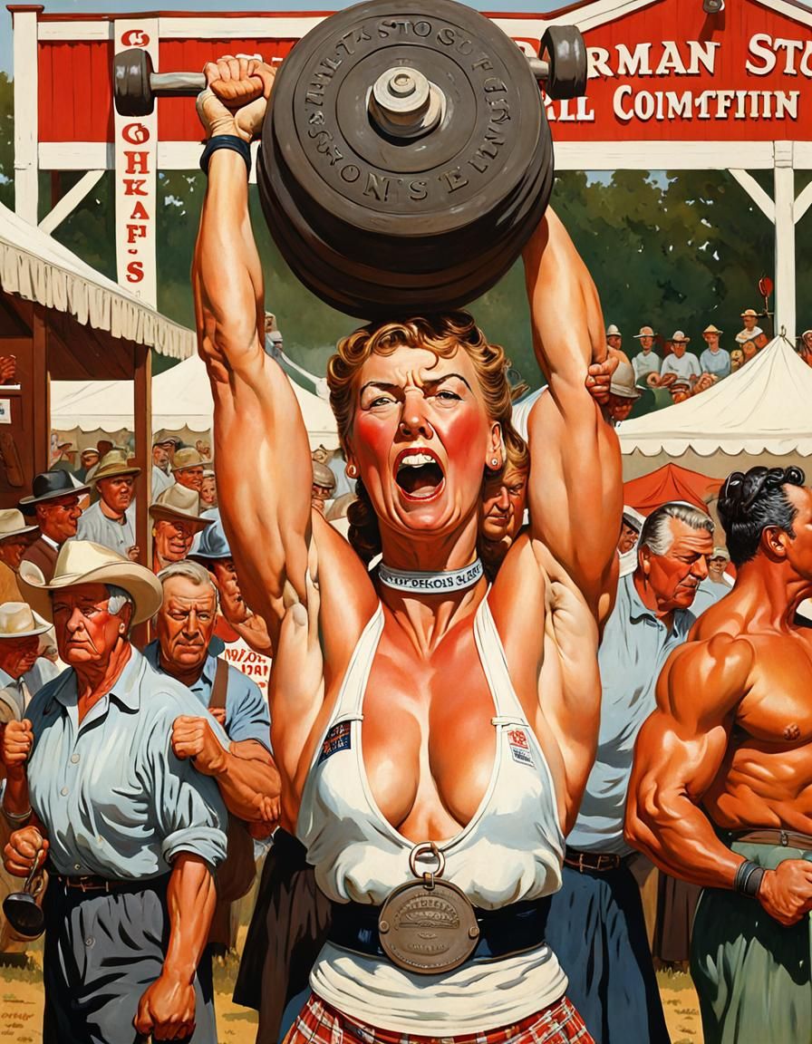 Muscular Woman Strength in a Norman Rockwell-Inspired Scene