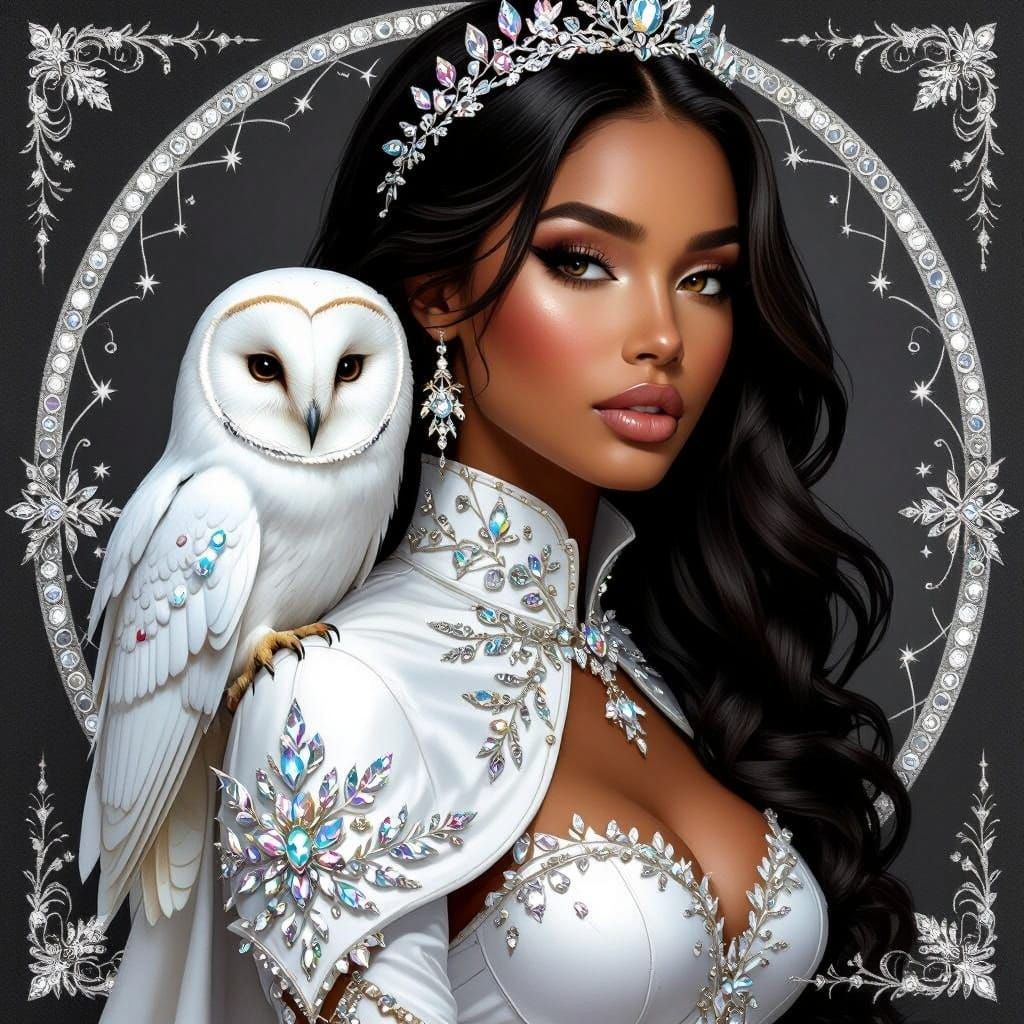 Fantasy Princess with White Owl in Sparkling Lab Warrior Att...