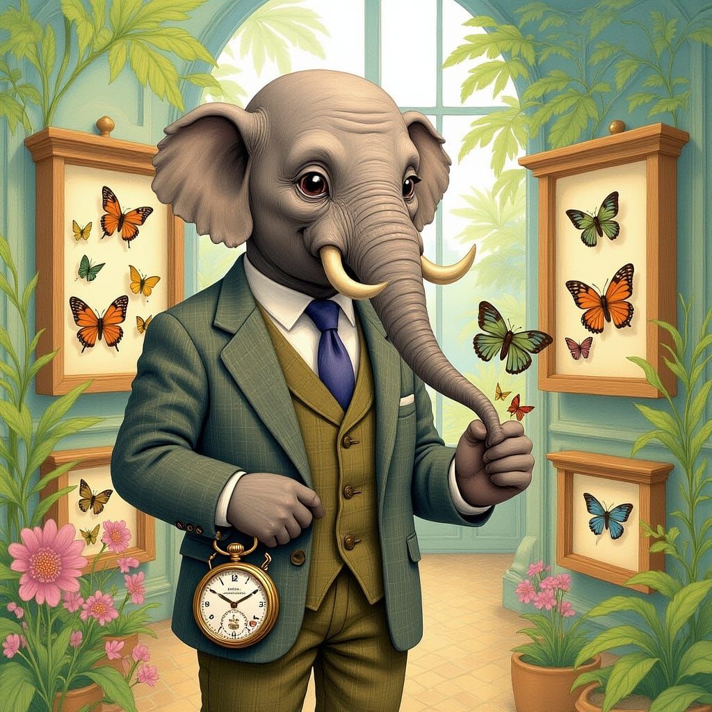 Elephant Naturalist in Victorian Conservatory, Watercolor St...