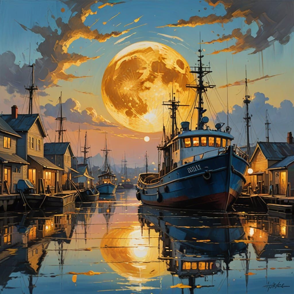 Fishing Boat Harbor Under Golden Moon as Oil Painting