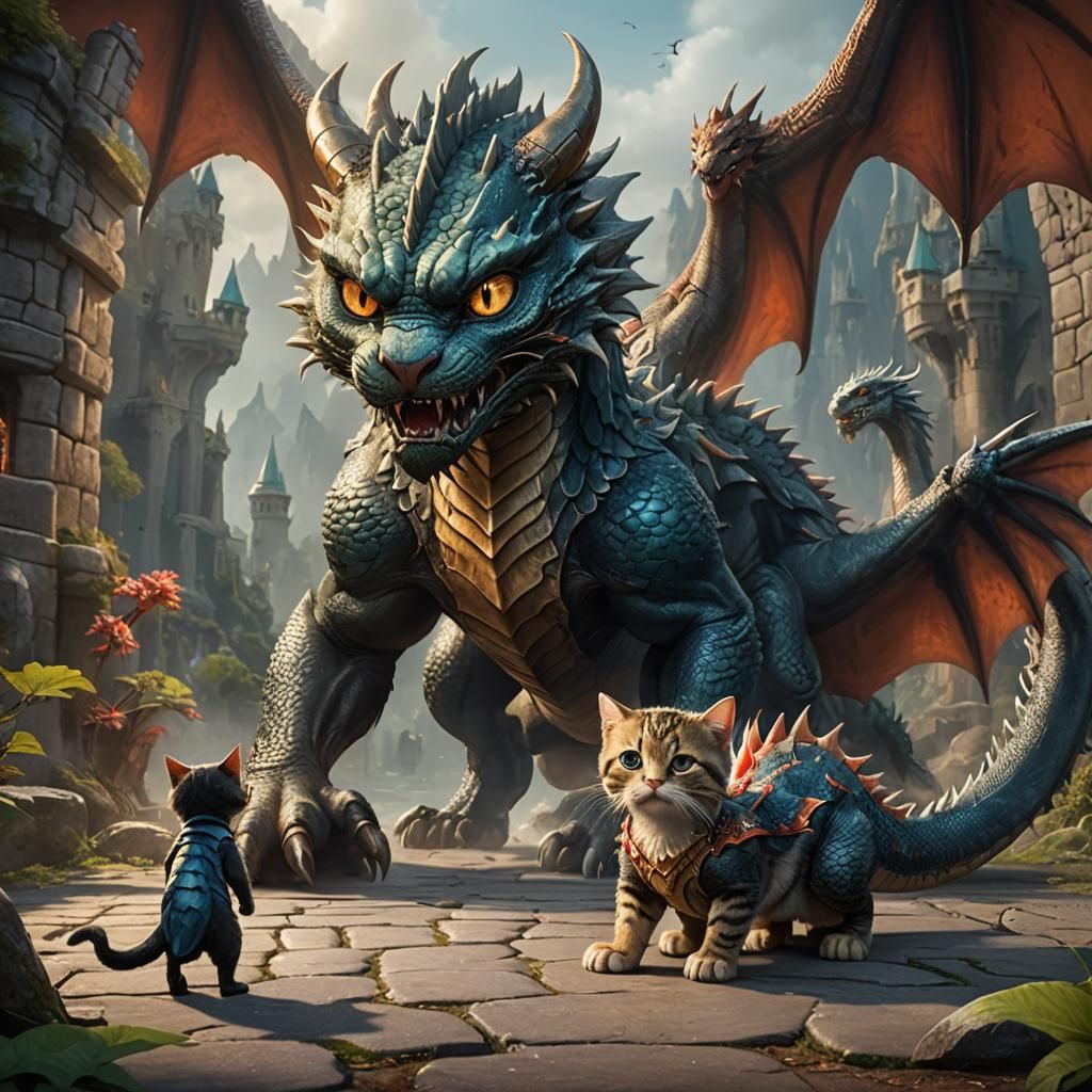 Small but Fearless Feline Confronts Towering Dragon in Vibra...