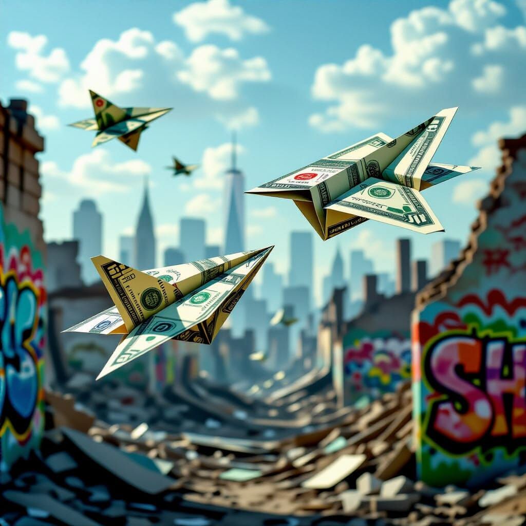 Origami Money Airplanes Dogfight Over War-Torn City