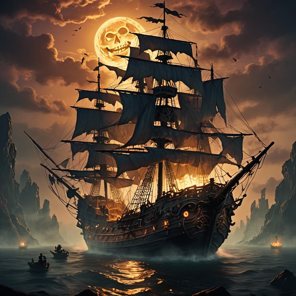 Surreal Pirate Ship Enters Glowing Citrouille Under Eerie Tw...