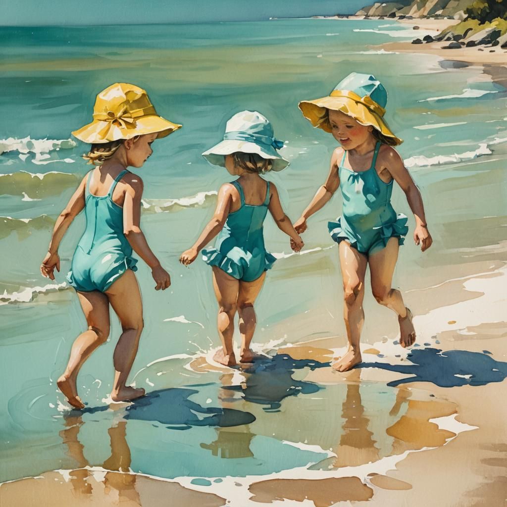 Whimsical Summer Beach Scene with Two Children in Turquoise