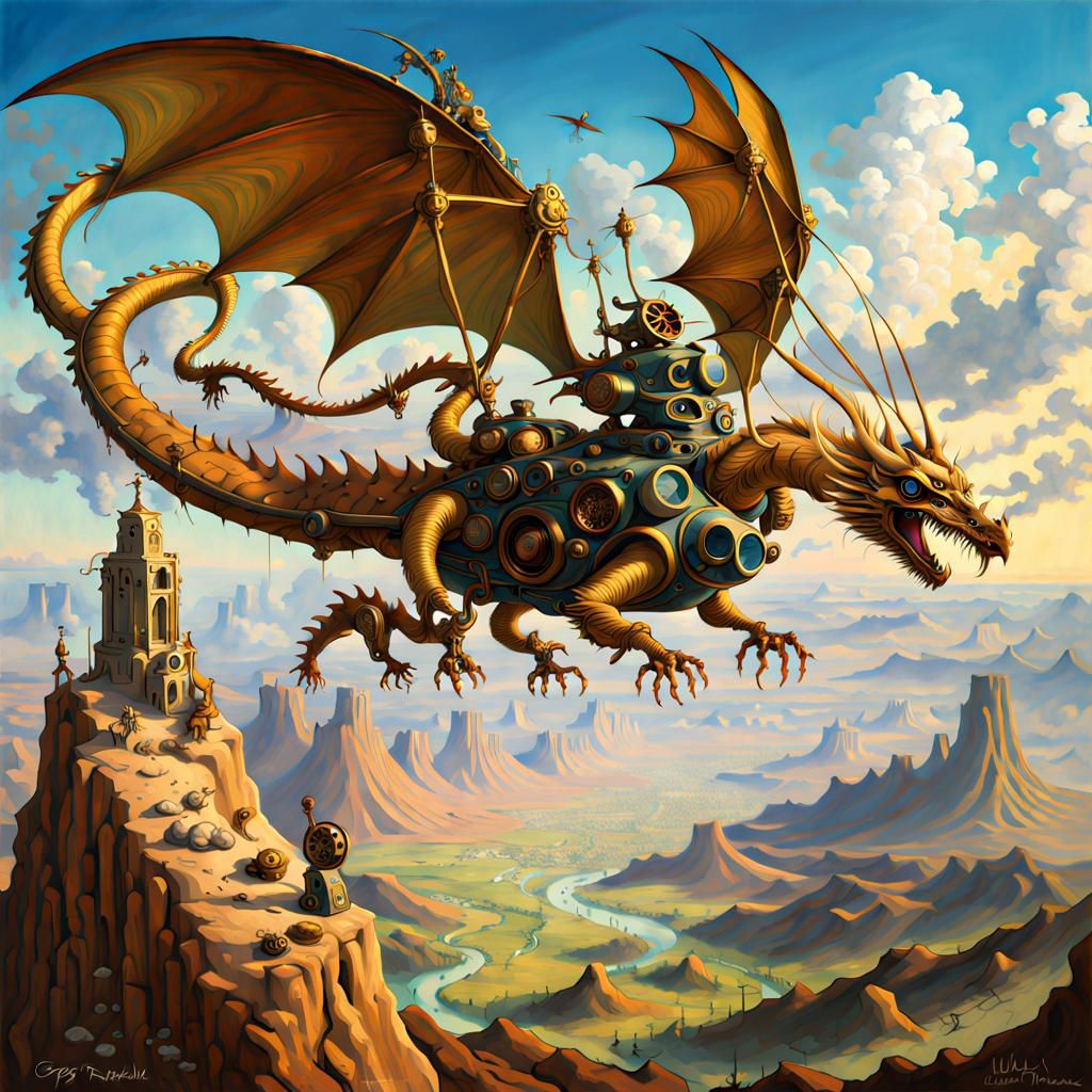 Surreal Steampunk Dragon Soars Over Dali-Inspired Kandahar L...