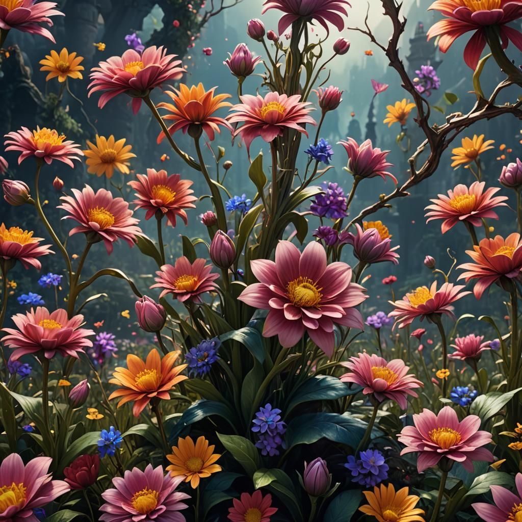 Whimsical Floral Fantasy in Vibrant Colors