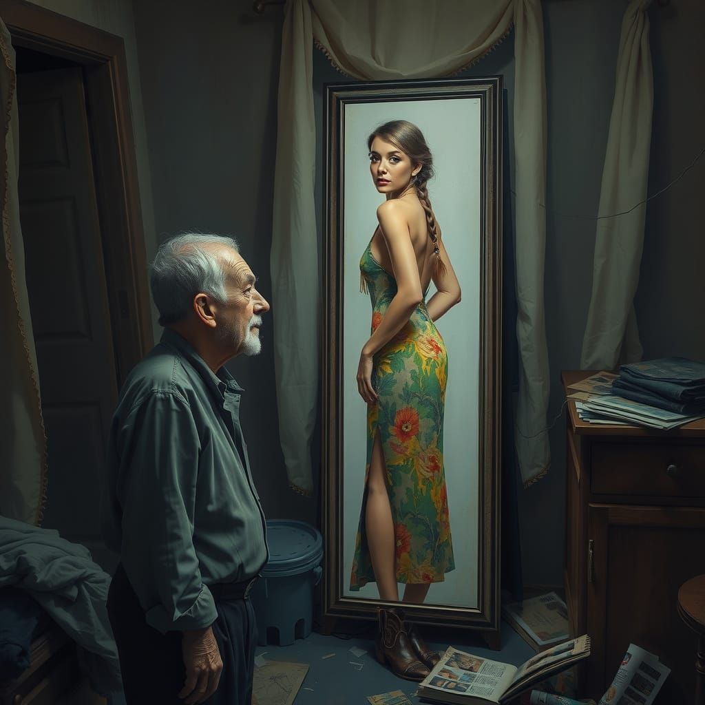 Weathered Man Seeks Lost Youth in Dimly Lit Apartment