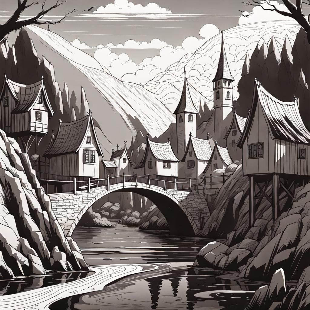 Line drawing, village at a river, medevial bridge #1