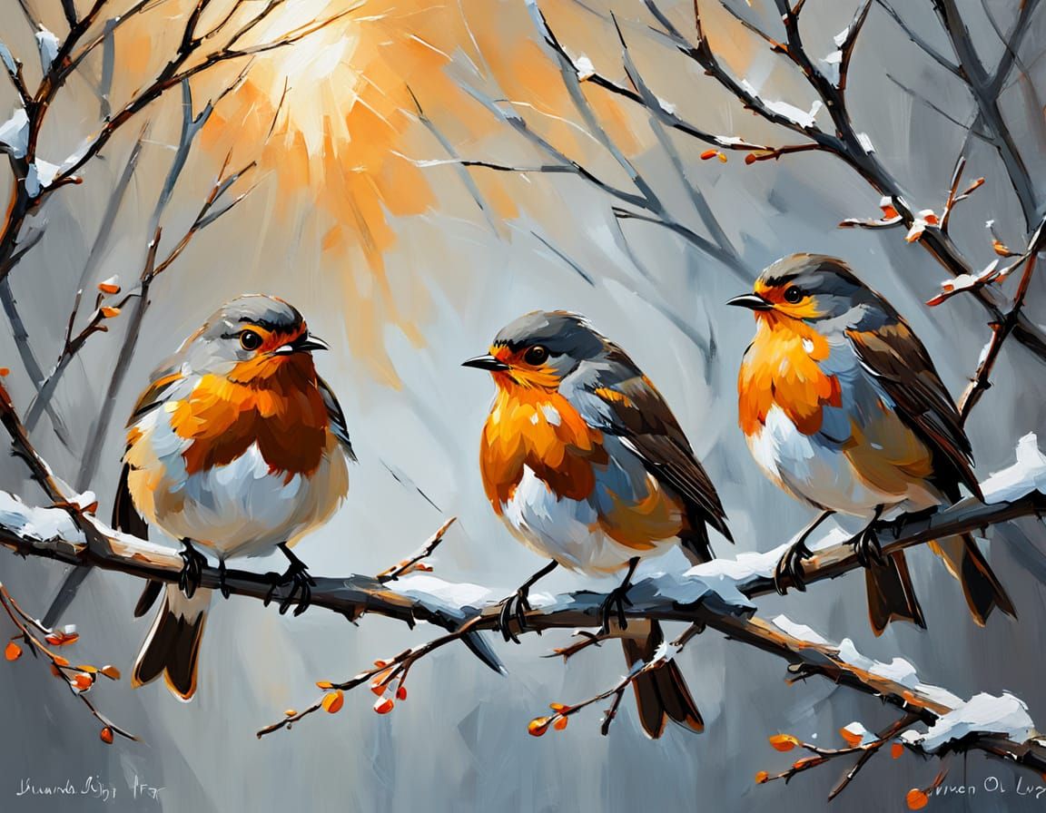 Robins on Branches as Impressionist Impasto Painting