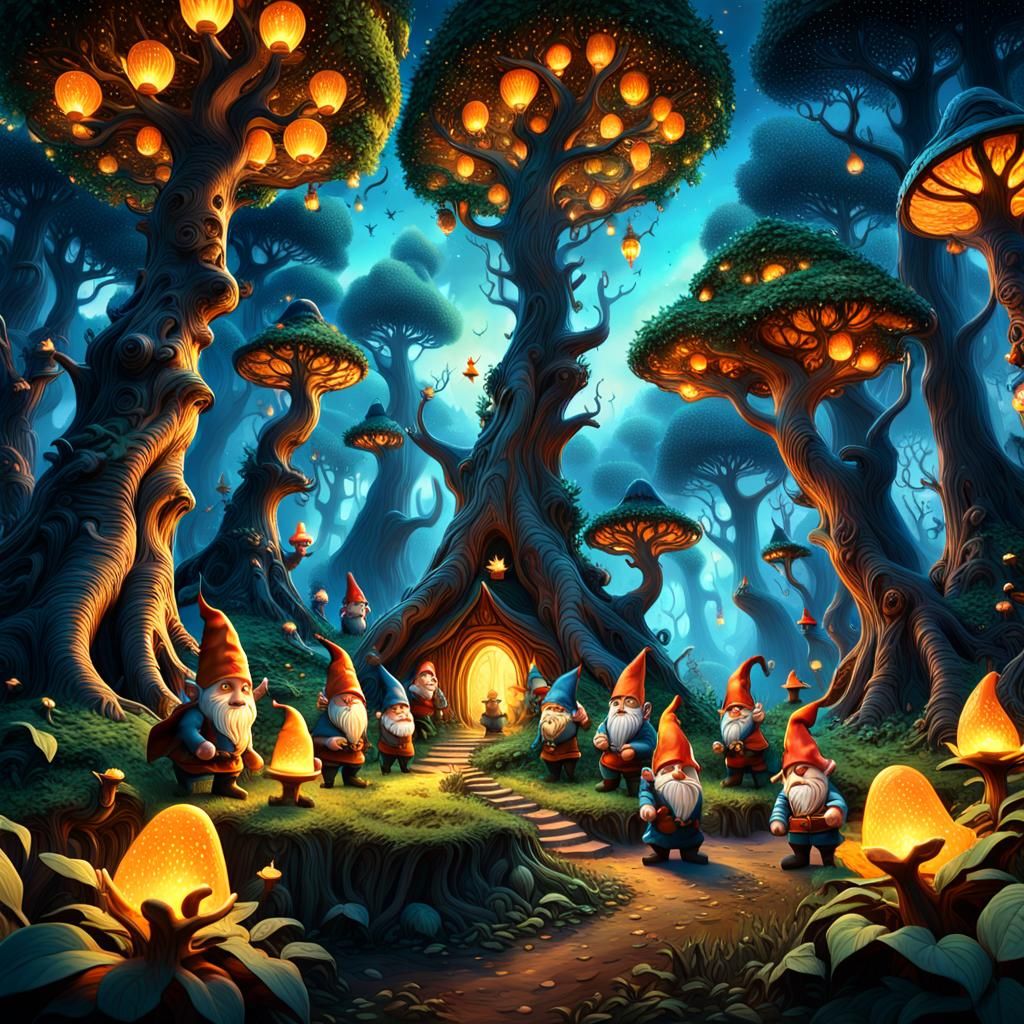Gnomes in an Enchanted Orange Grove Scene
