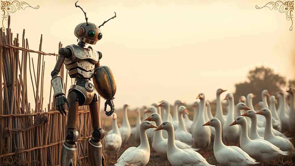 Folkloric Robot Family in Vintage Sepia Tone with Distressed...