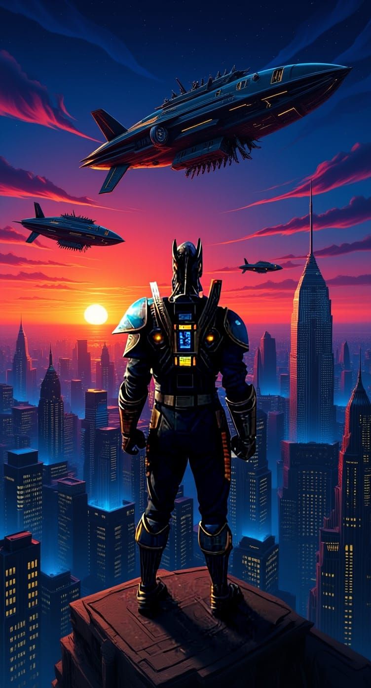 Onna-Bugeisha Warrior Overlooking Art Deco Cityscape