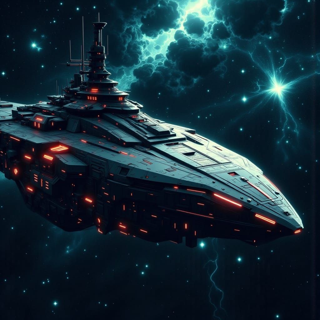 <lora:Zenith:1.0> Japanese Battleship reimagined as a futuristic Spaceship with similar size and overall ship form. Gunm...