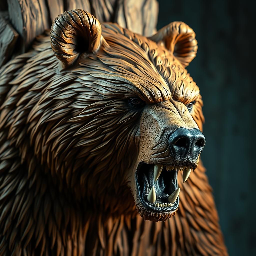 Realistic Wooden Grizzly Bear Sculpture