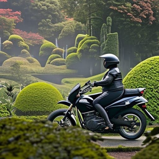 An Enigmatic Rider Cruises Through an Opulent Botanical Gard...