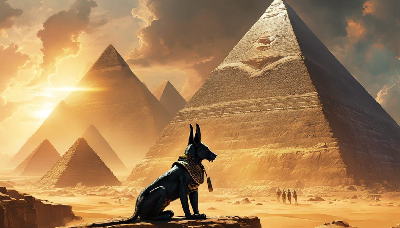 Egyptian God Anubis Stands Before Ancient Pyramid in Hauntin...