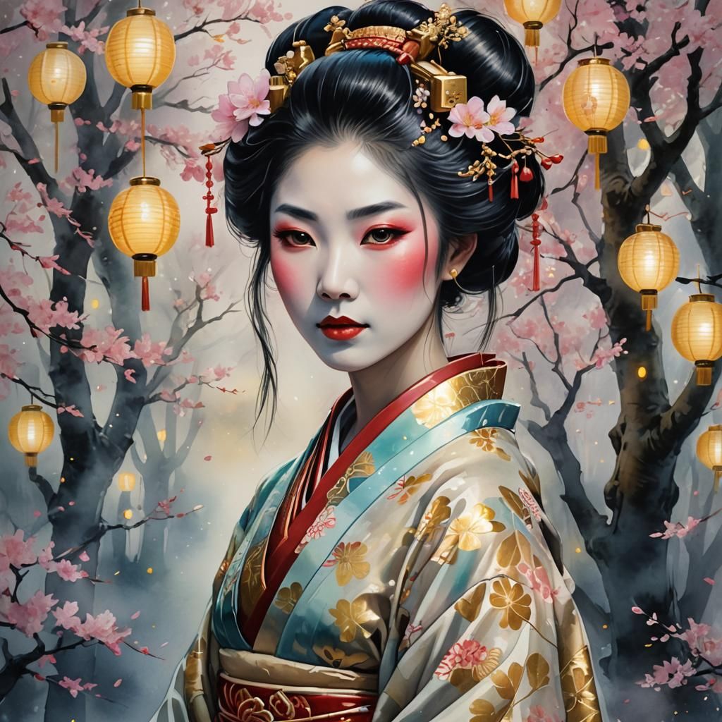 Inspired Watercolor Fantasy Portrait of a Serene Geisha in a...