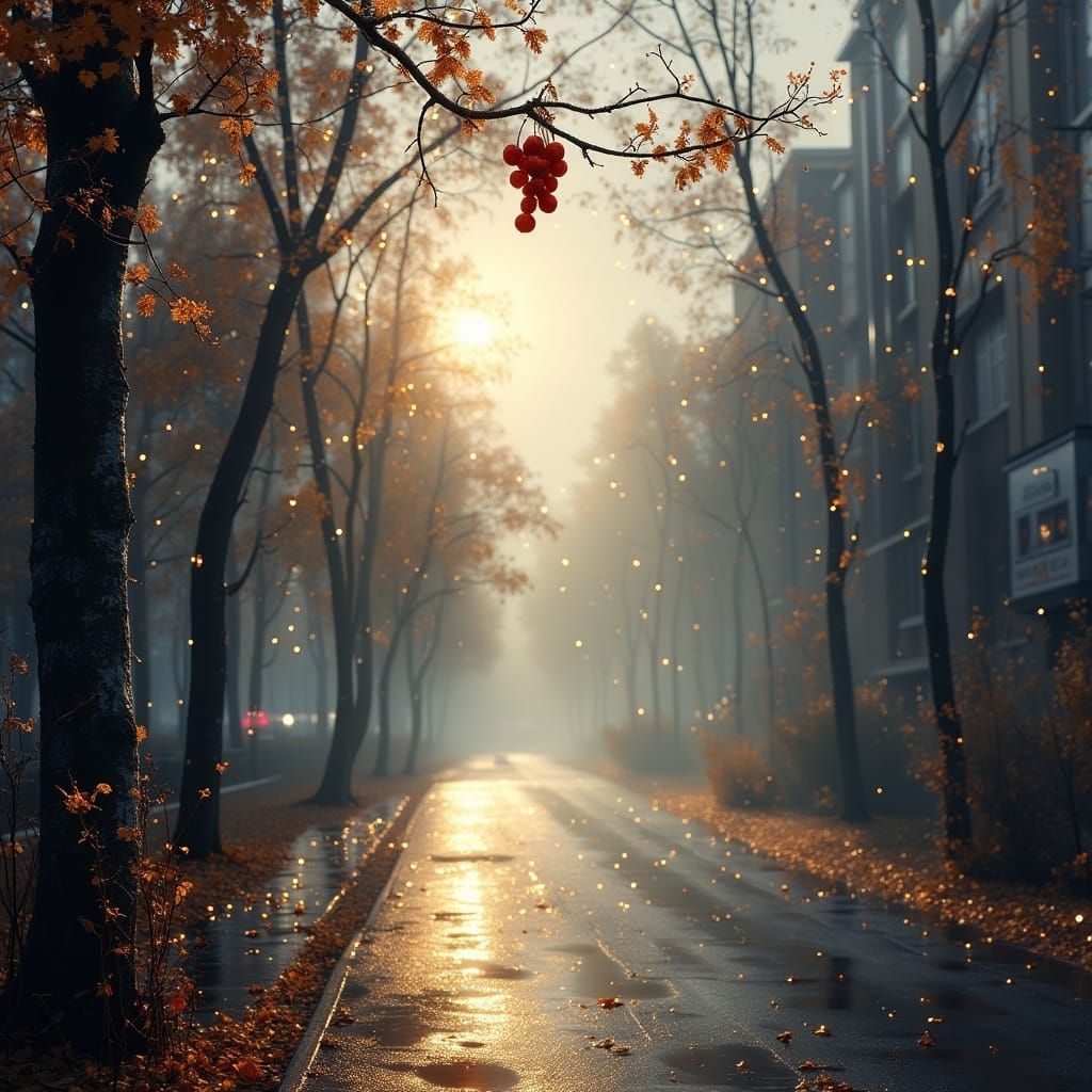 Misty Autumn City Street at Golden Hour