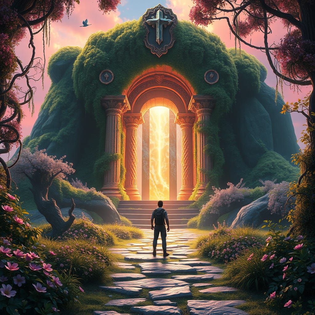 Surreal Explorer Discovers Ancient Temple in Vibrant, Dreaml...