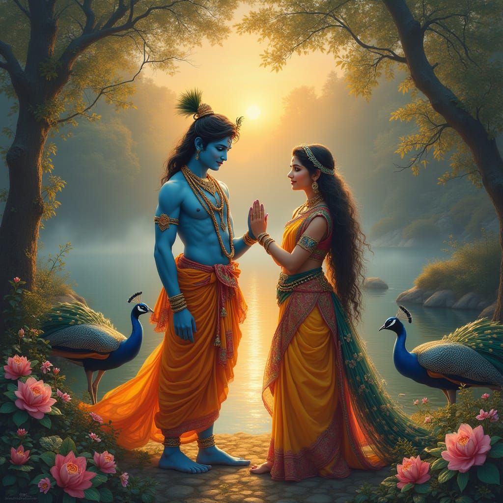 Krishna and Radha: Serene Riverside Scene in Traditional Sty...