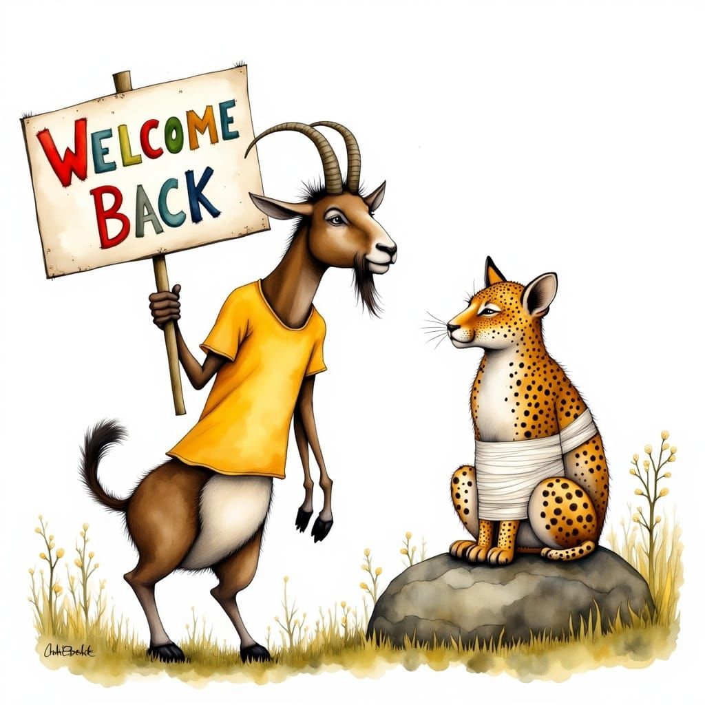 Playful Goat Greets Recovering Jaguar in Whimsical Watercolo...