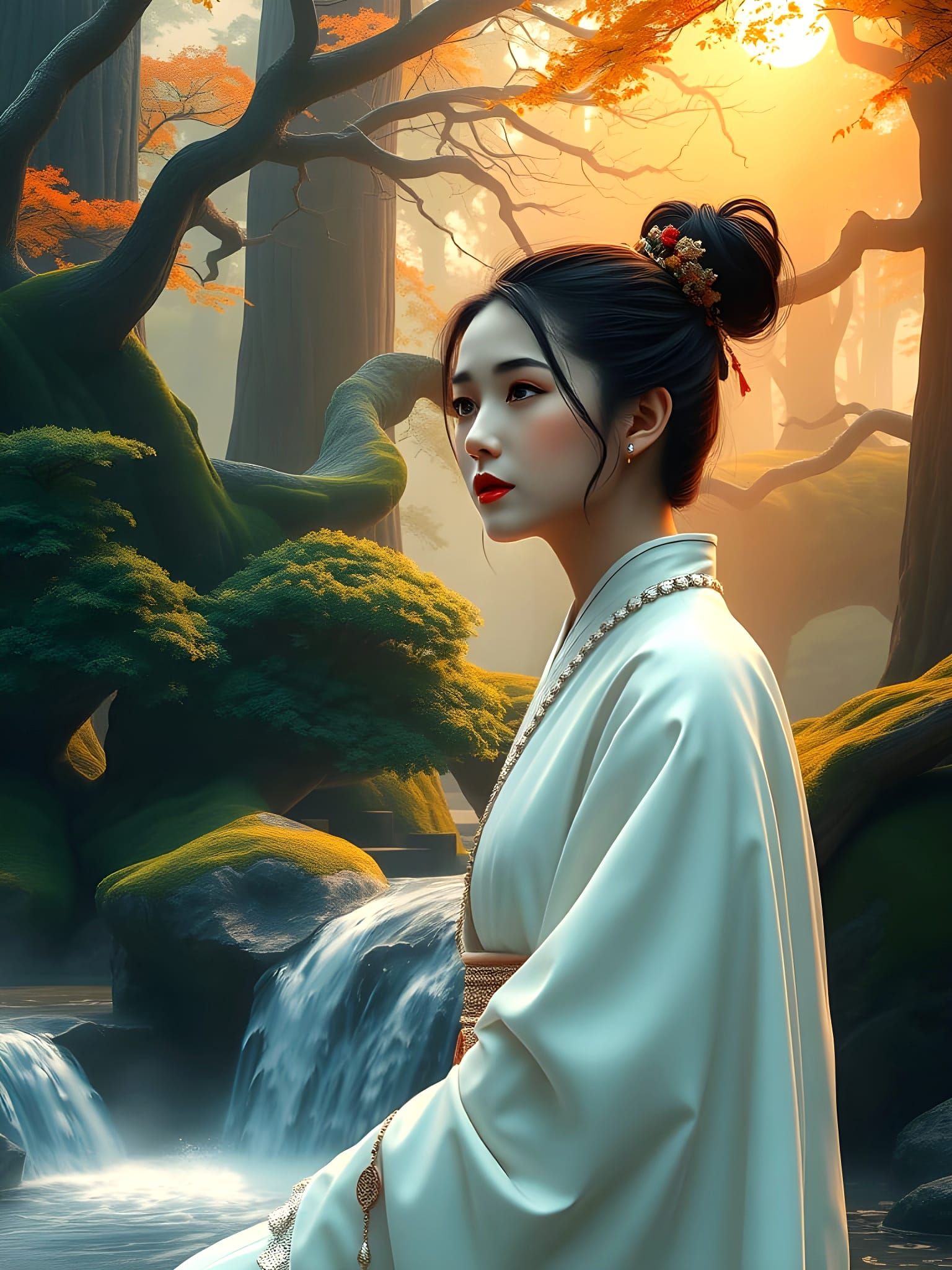 Surreal Waterfall Goddess in Hyperrealistic Fantasy Landscap...