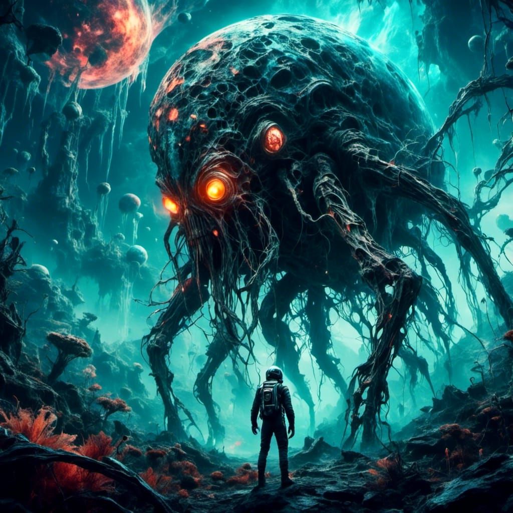 Ethereal Astronaut Faces Dark Alien Entity