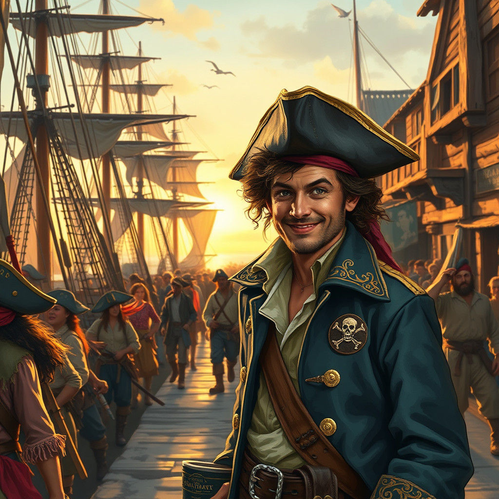Vibrant Pirate Port at Dusk with Swashbuckling Adventure