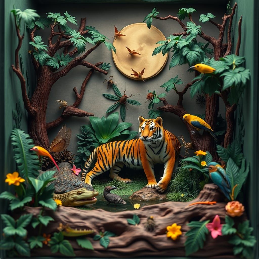 Felt Jungle Diorama with Tiger and Exotic Wildlife