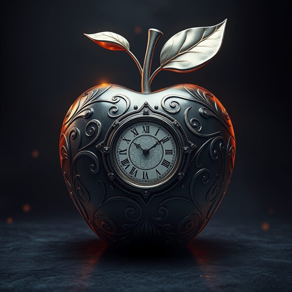 Metallic Apple with Intricate Patterns and Clockwork Heart