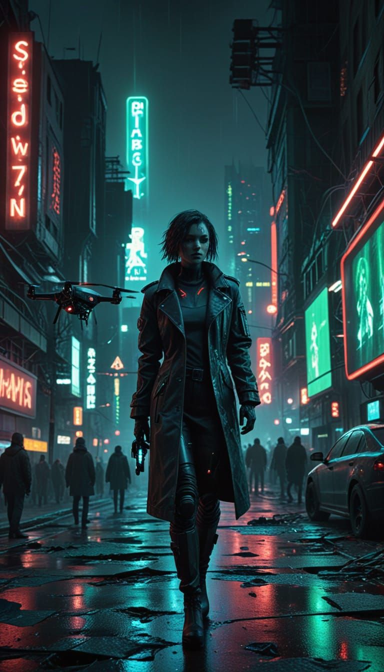 Dystopian Cyberpunk Cityscape with Glitching Holograms