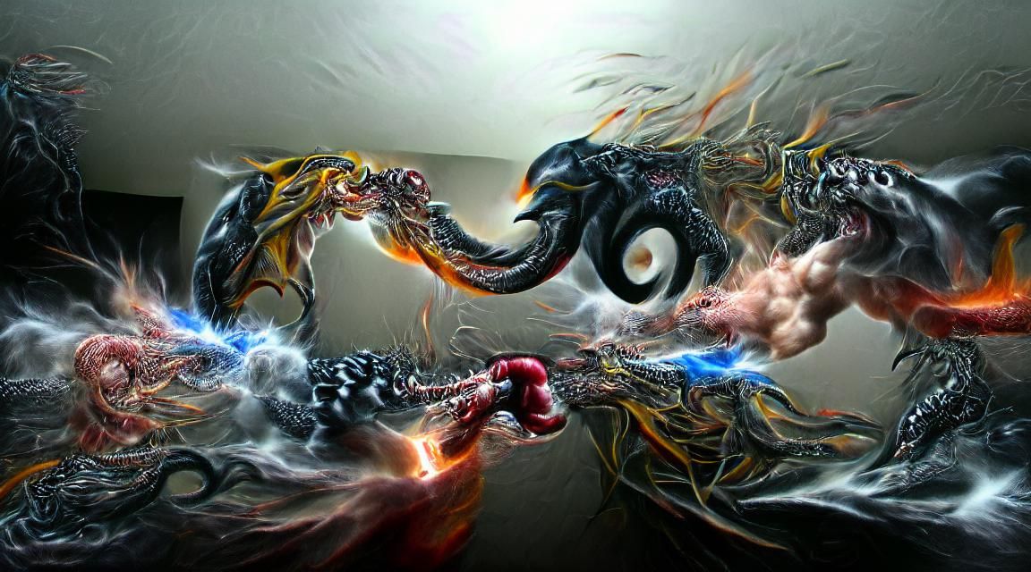 Dragon Battles Cybernetic Horror in a Fiery, Darkened Realm