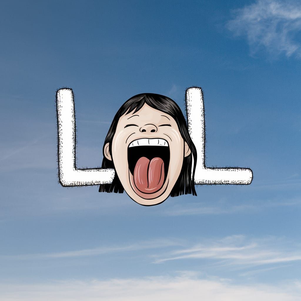 Joyful Girl Spells Out LOL with Her Tongue in a Bright Blue....