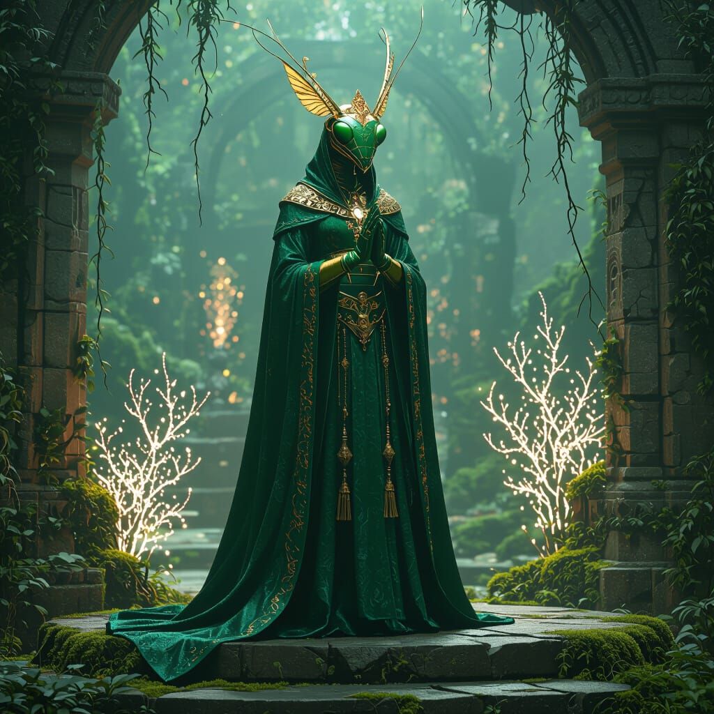 Regal Humanoid Mantis in Emerald Robes