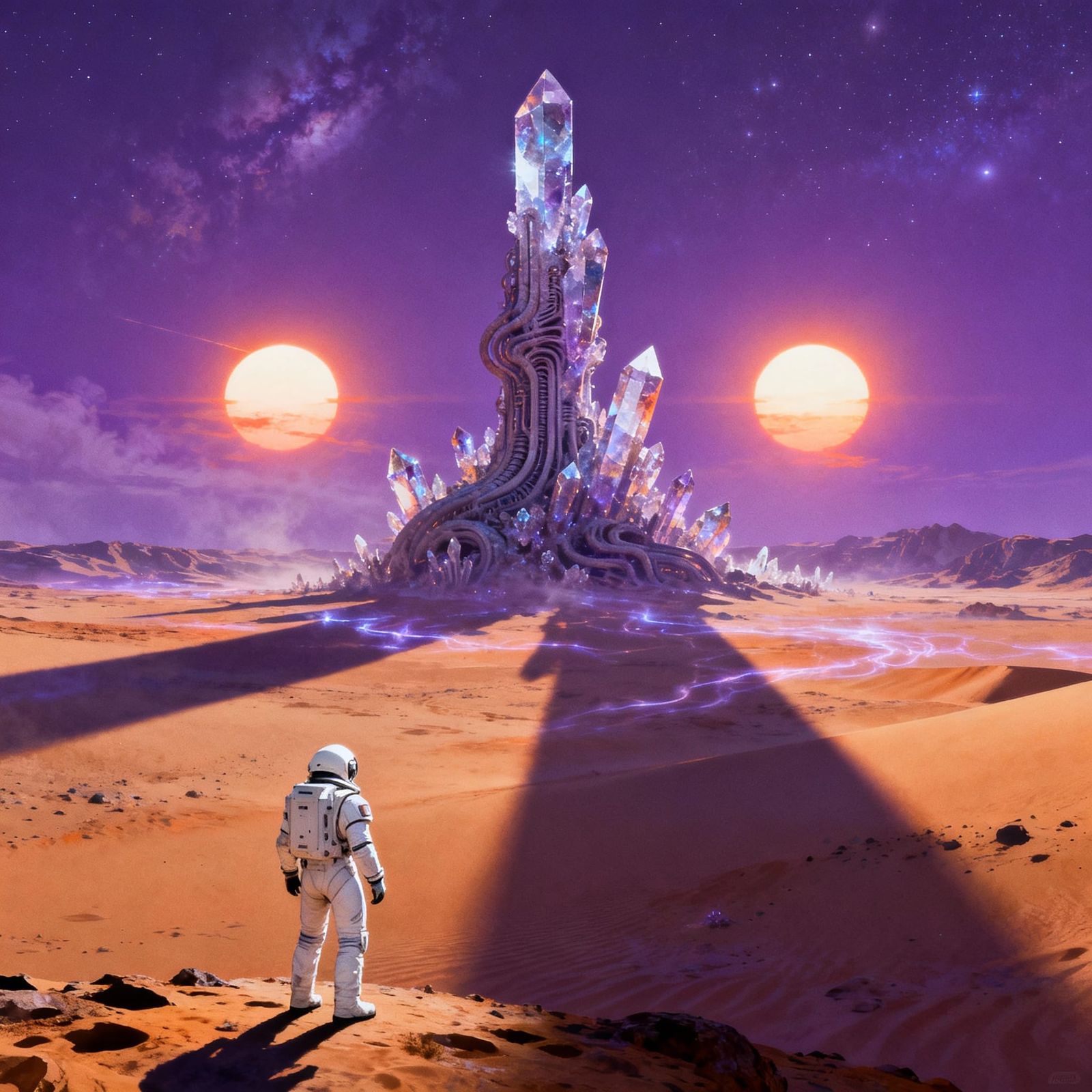 Astronaut on Alien World Gazing at Crystal Structure Under T...