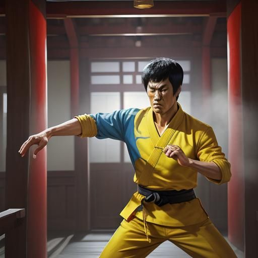 Vibrant Watercolor Portrait of Bruce Lee in Traditional Chin...