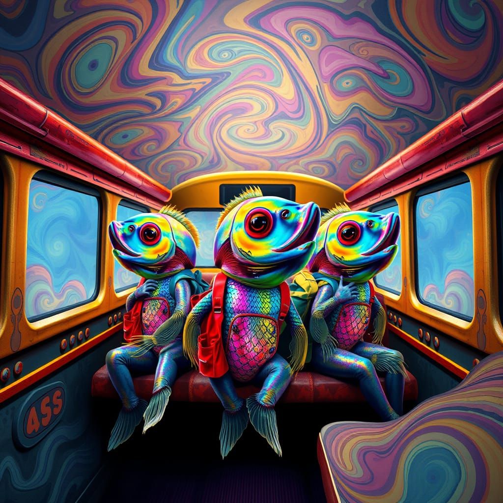 Dreamlike School Bus Scene in Vibrant, Iridescent Colors