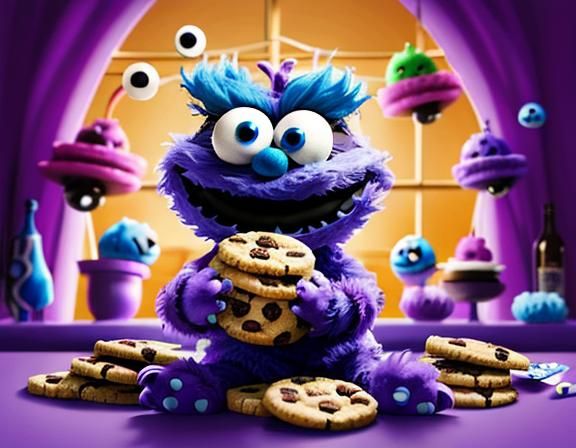 Cookie Monster as Whimsical Feline Trickster in a Vibrant Ae...