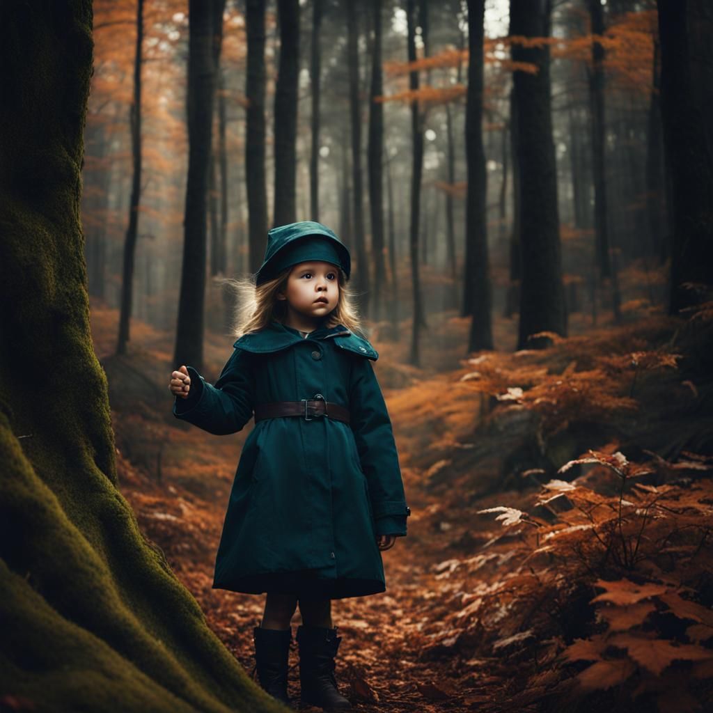 Little Girl Alone in a Haunting Forest Landscape