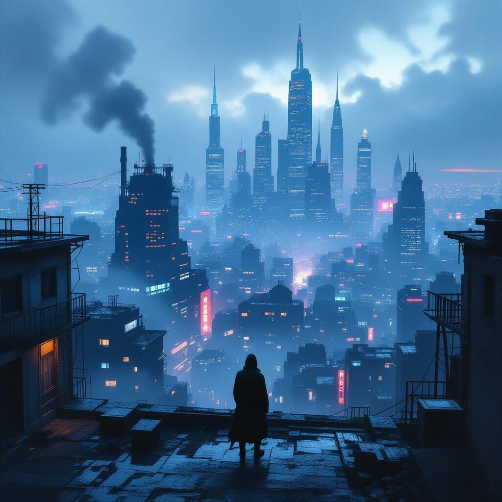 Lone Figure Overlooking Moody Metropolis at Dusk in Digital ...