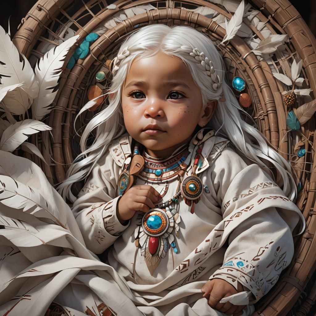 Native American Infant Girl in a Bassinet: A Hyperdetailed P...