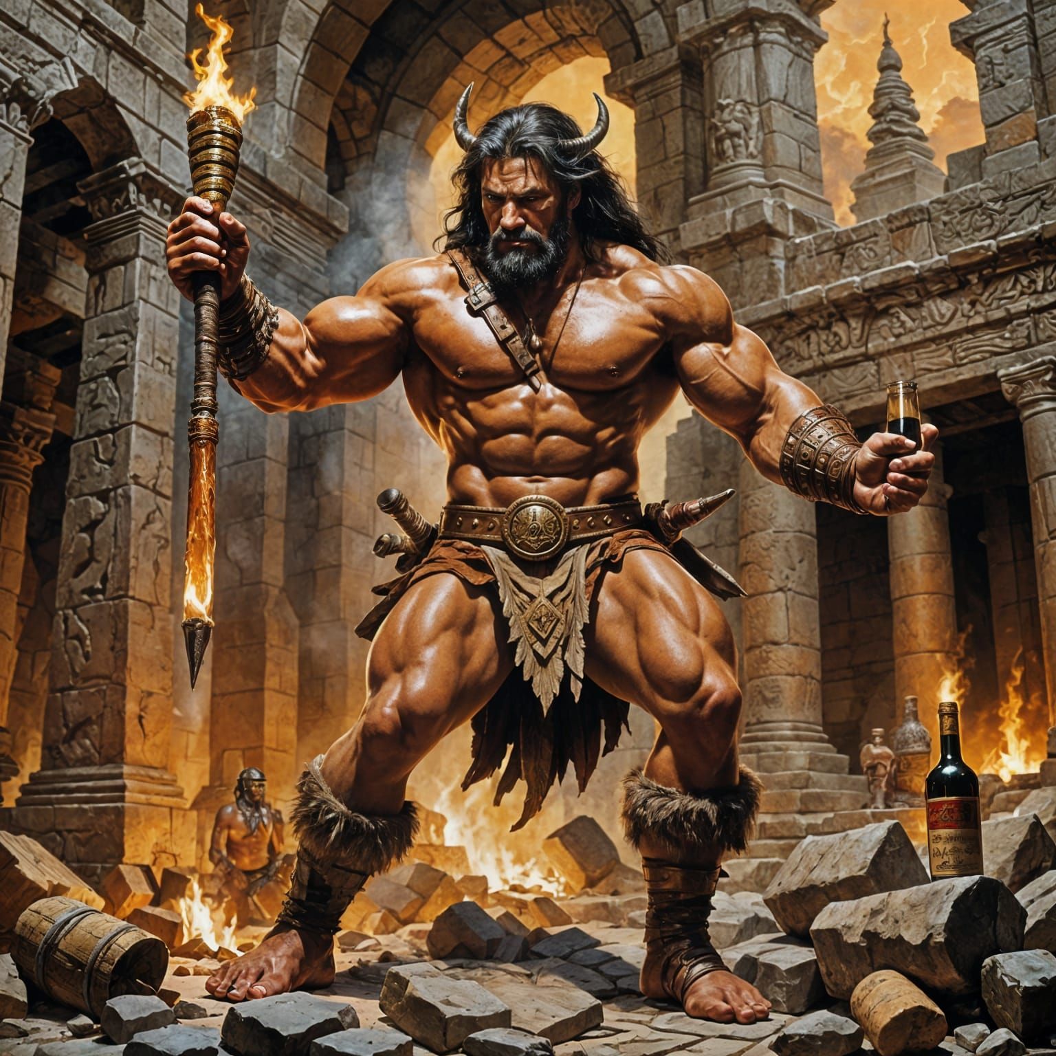 Barbarian Warrior Struggles with Wine Bottle in Ebullient Sc...