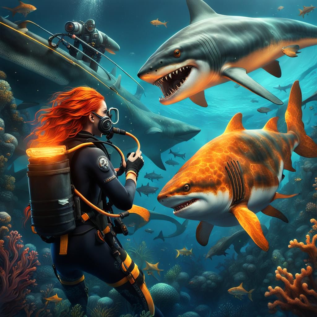 Fantastical Female Scuba Diver Battles Shark in Dazzling Und...
