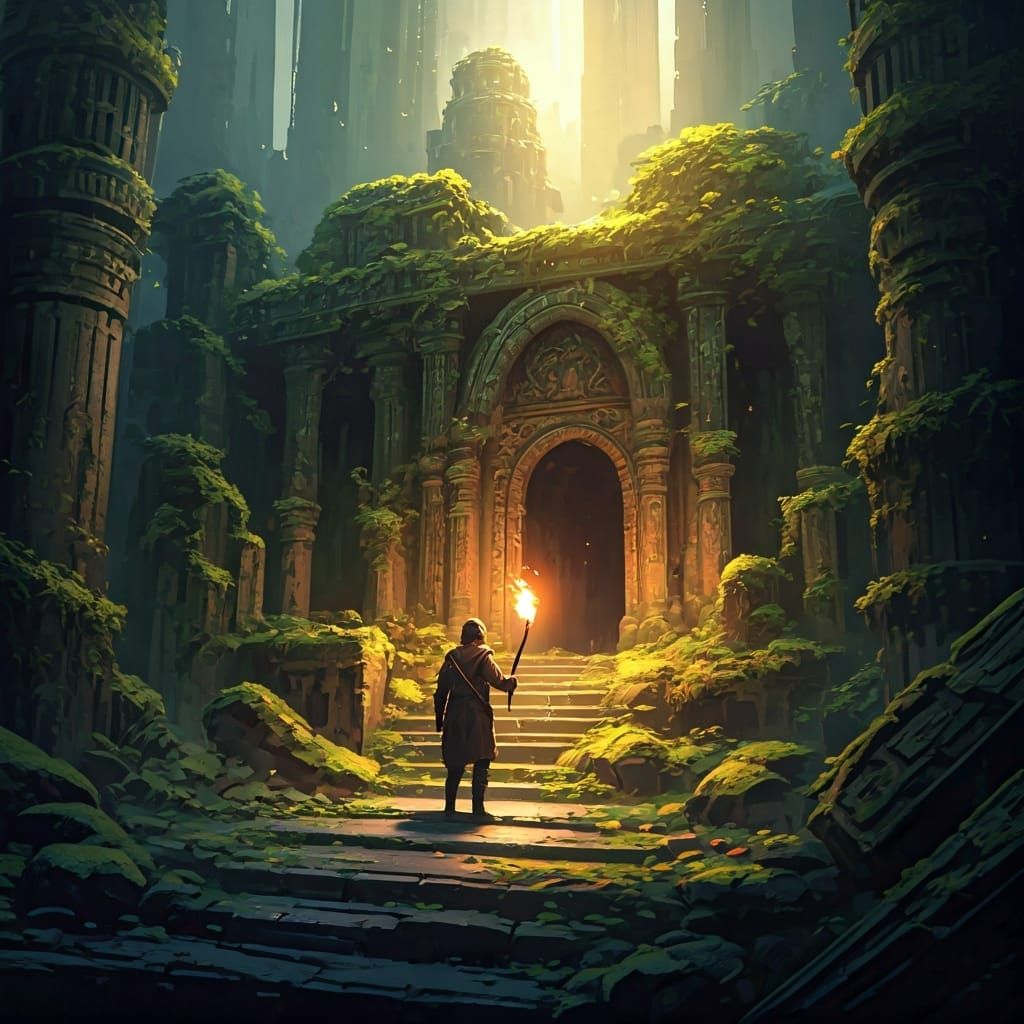 Traveler at Forgotten Temple: Atmospheric Matte Painting
