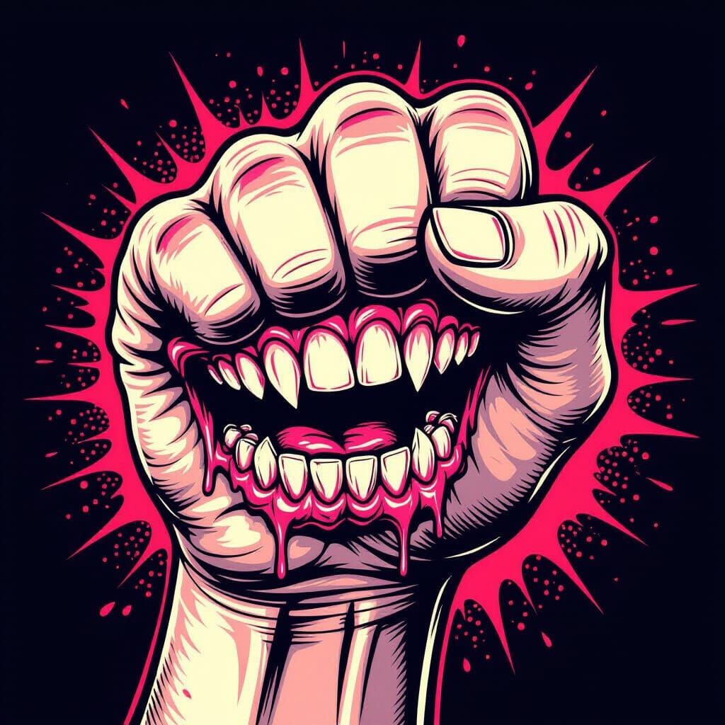 Grotesque Fist Mouth with Monster Teeth in Graffiti Art Styl...