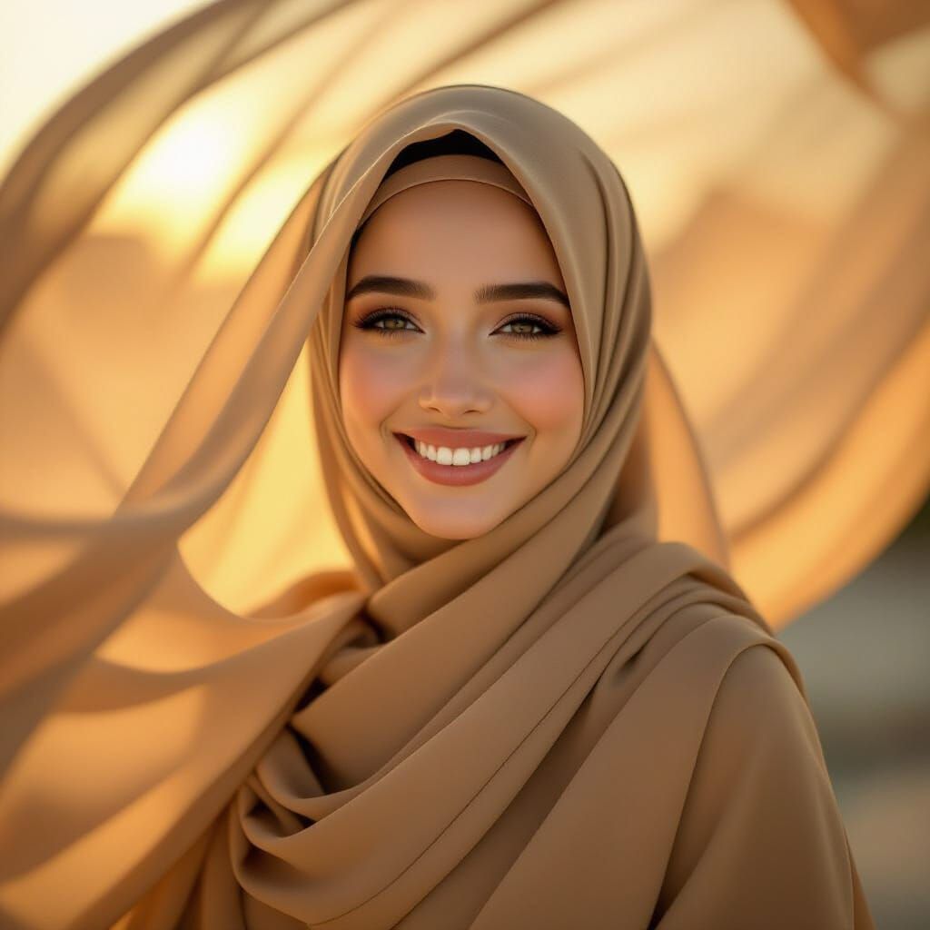 Beautiful Hijabi Girl Beaming in Golden Hour Light